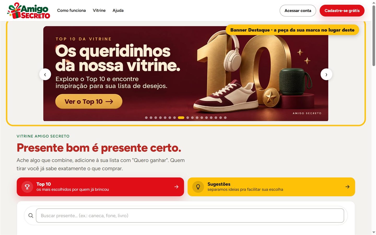 Banner Destaque no topo da vitrine do Amigo Secreto