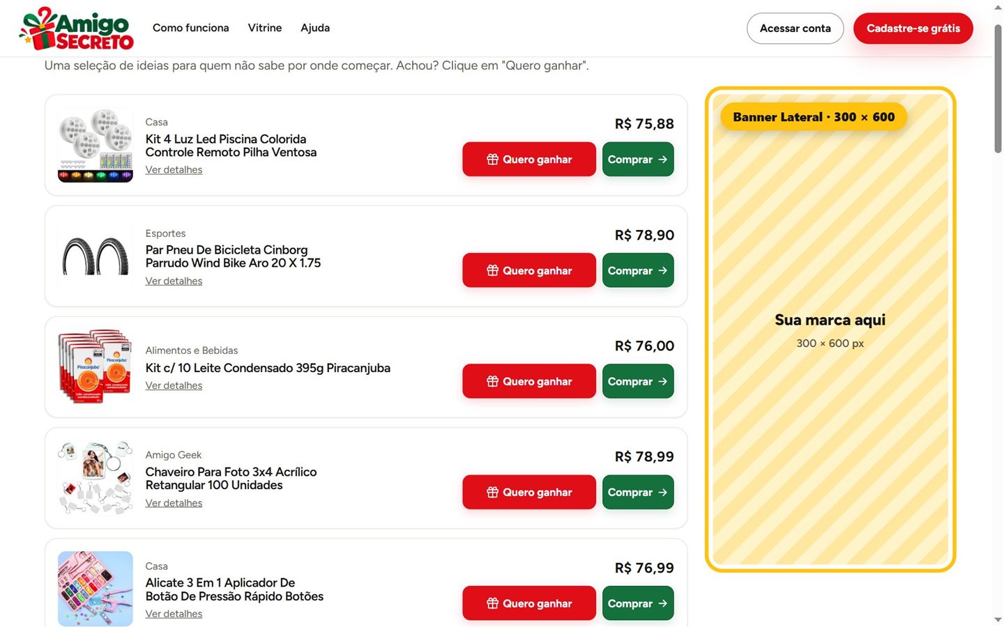 Banner de 300 por 600 ao lado da lista de sugestões