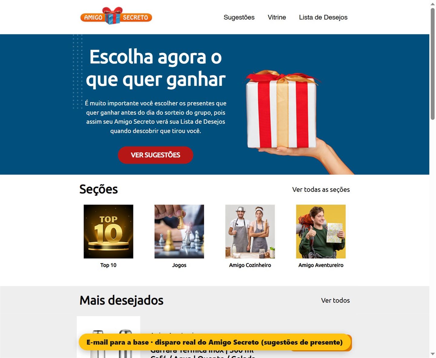 E-mail de sugestões de presente já enviado pelo Amigo Secreto