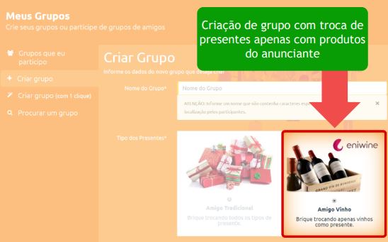 Criação de grupo no site anterior do Amigo Secreto com a opção de grupo temático Amigo Vinho, da Eniwine
