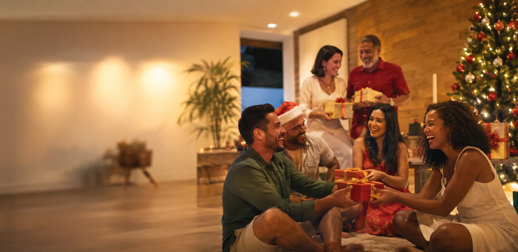 Amigos reunidos para a brincadeira de Amigo Secreto